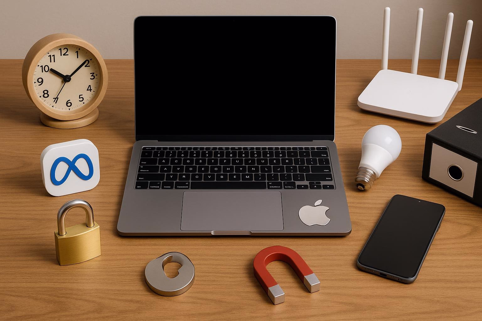 KDB Tech-Update 202507191505 Schreibtisch mit Laptop, Uhr und Zubehör wie Router, Smartphone, Schlüsselschloss, Magnet und smartem Licht—zeigt vernetzte Tech- und Sicherheitsumgebung.