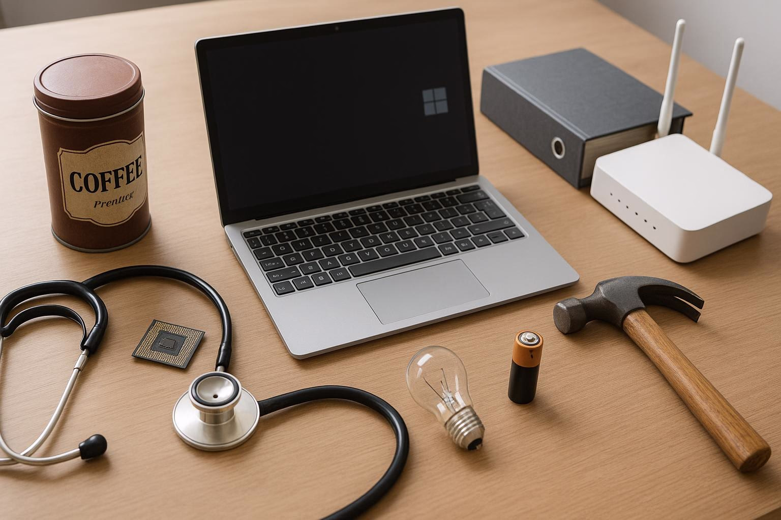 KDB Tech-Update 202507200504 Schreibtisch mit Laptop, Halbleiterchip, Stethoskop, Router, Hammer und Glühbirne; symbolische Technik- und Gesundheits-Themen.