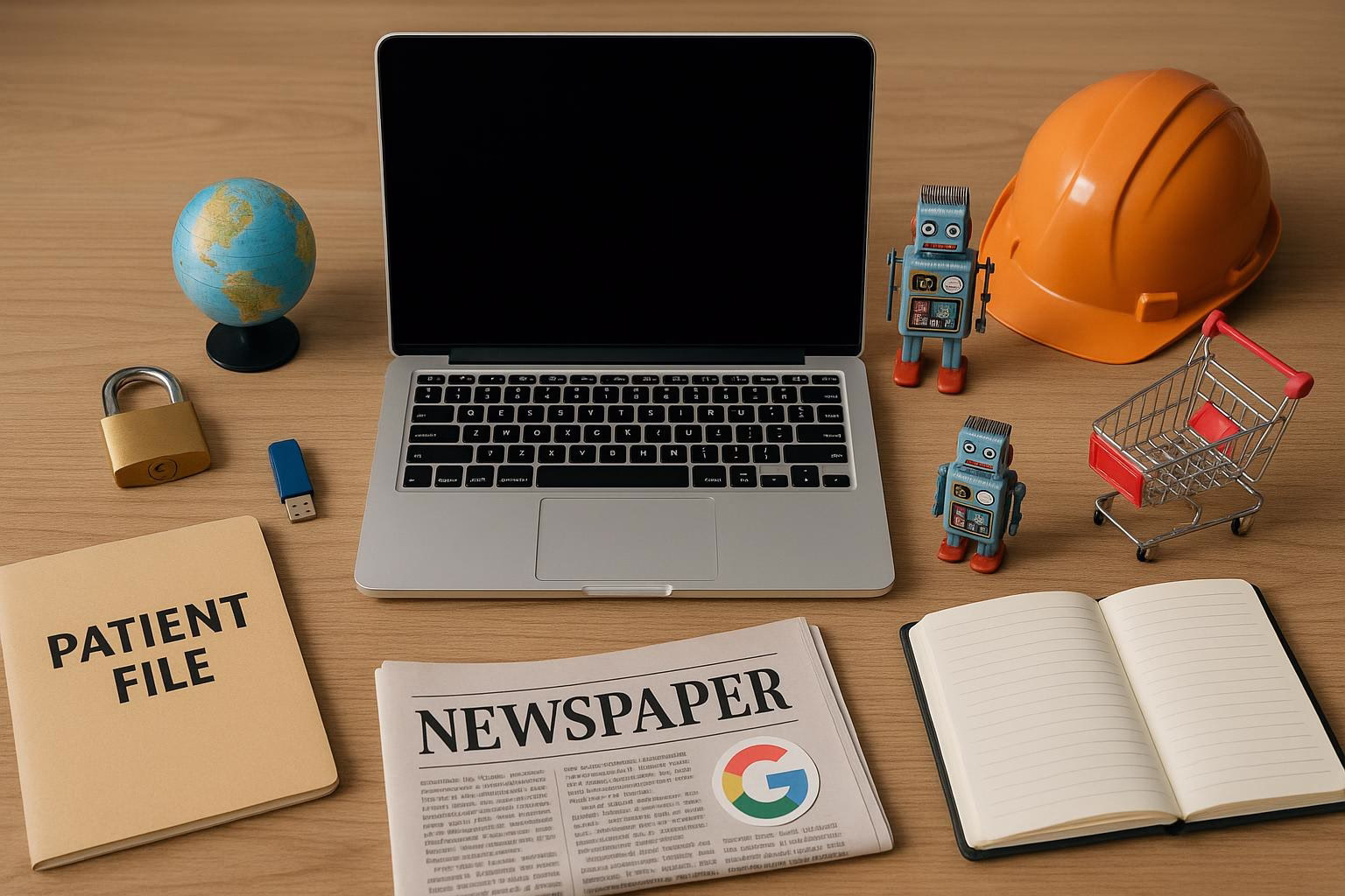 KDB Tech-Update 202507211502 Schreibtisch mit Laptop, gesperrtem Aktenordner, USB-Stick, Globus, Roboterfiguren, Schutzhelm, Einkaufswagen und Notizbüchern als Technik- und Arbeitsübersicht.