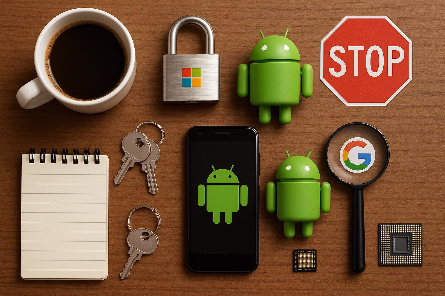 KDB Tech-Update 202507220503 Schreibtisch-Layout: Vorhängeschloss mit Schlüssel, Android-Figuren, Smartphone, Stoppschild, Lupe, Notizblock, Chip – Symbol für Sicherheit und Technik.