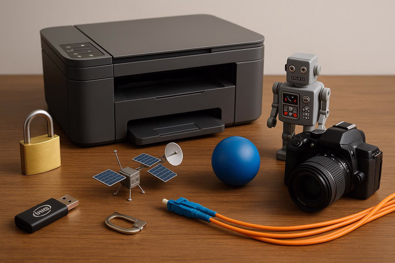 KDB Tech-Update 202507221503 Schreibtisch mit Drucker, Roboterfigur, Kamera, Schloss, USB-Stick, Mini-Satellitenmodell, Kabeln und Stressball als Technik-Setup.