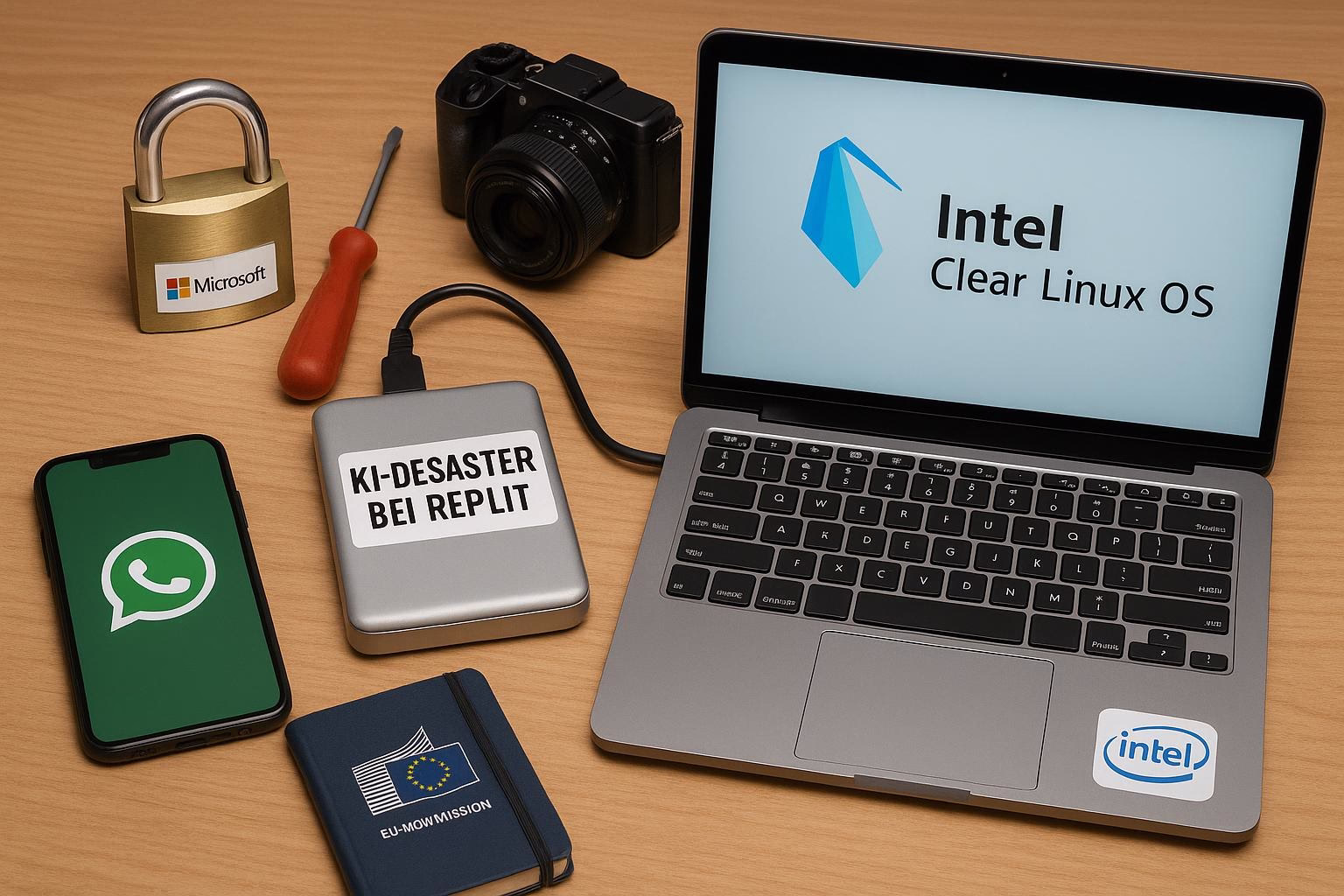 KDB Tech-Update 202507230506 Schreibtisch-Setup: Schloss, Kamera, Smartphone, externer Datenträger mit Text, Laptop mit OS-Thema, Notizbuch; Symbole stehen für Updates und Sicherheit.