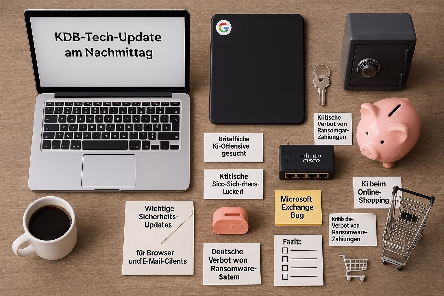 KDB Tech-Update 202507231506 Flacher Schreibtisch mit Laptop, Tablet, Sicherheits-Token und Geldspardose; daneben Kaffeetasse, Router, Einkaufswagen und mehrere Haftnotizen zu Updates, Bugs und Security.