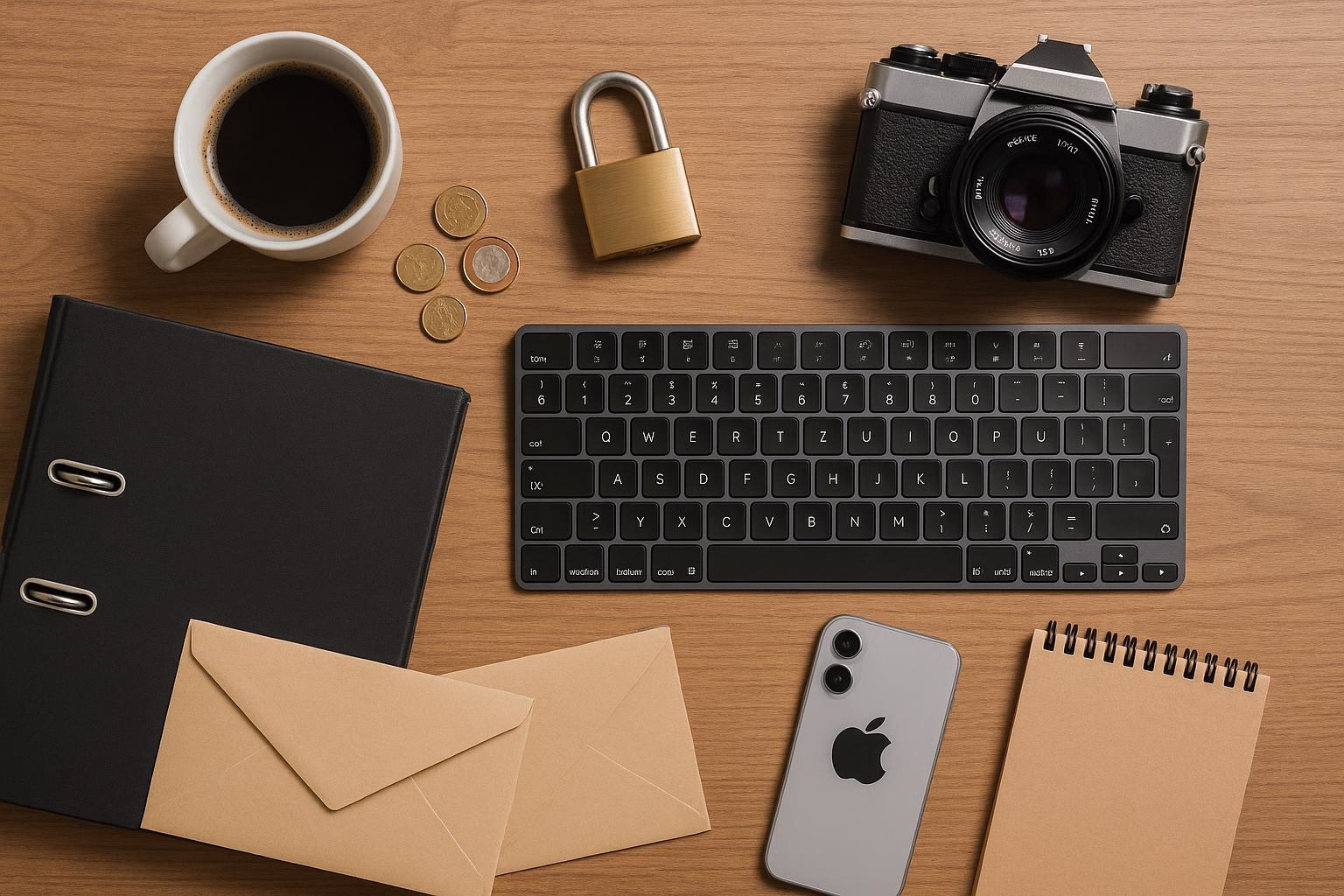 KDB Tech-Update 202507240506 Schreibtisch-Übersicht: Kaffeetasse, Münzen, Vorhängeschloss, Kamera, Tastatur, Smartphone, Aktenordner, Umschläge und Notizblock als Arbeits-Setup.