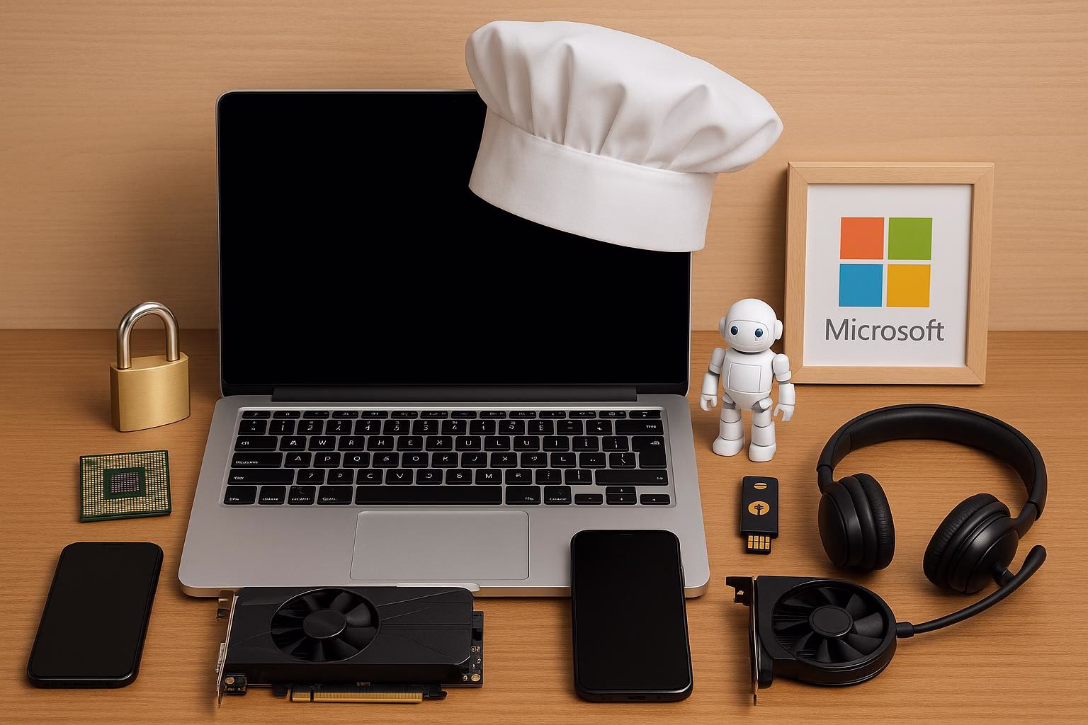 KDB Tech-Update 202507251502 Schreibtisch mit Laptop, Halbleiterchip, Schloss, Roboterfigur, Smartphone, Headset und gerahmtem Poster; zeigt IT-Security- und Technik-Setup.