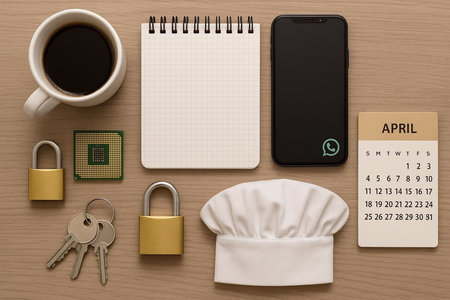 KDB Tech-Update 202507260502 Schreibtisch-Flatlay mit Kaffeetasse, Notizblock, Smartphone, Vorhängeschlössern, Chip, Schlüsselbund, Kochmütze und April-Kalender als Ordnungs-Visual.