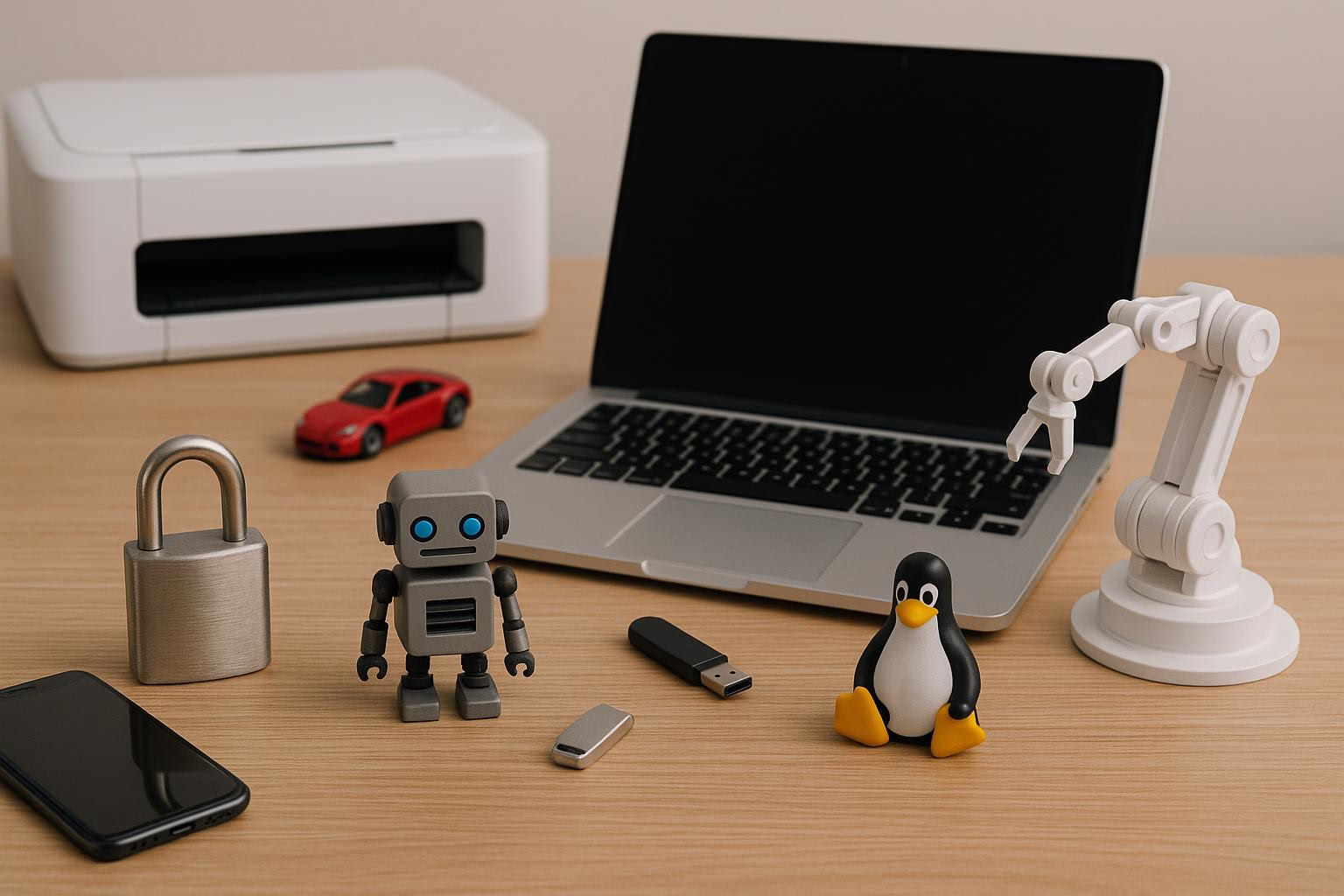 KDB Tech-Update 202507271506 Schreibtisch mit Laptop, Schloss, USB-Stick, Pinguin-Figur und Robotik-Modellen; zeigt IT-Sicherheit, Hardware und Automatisierungsidee.