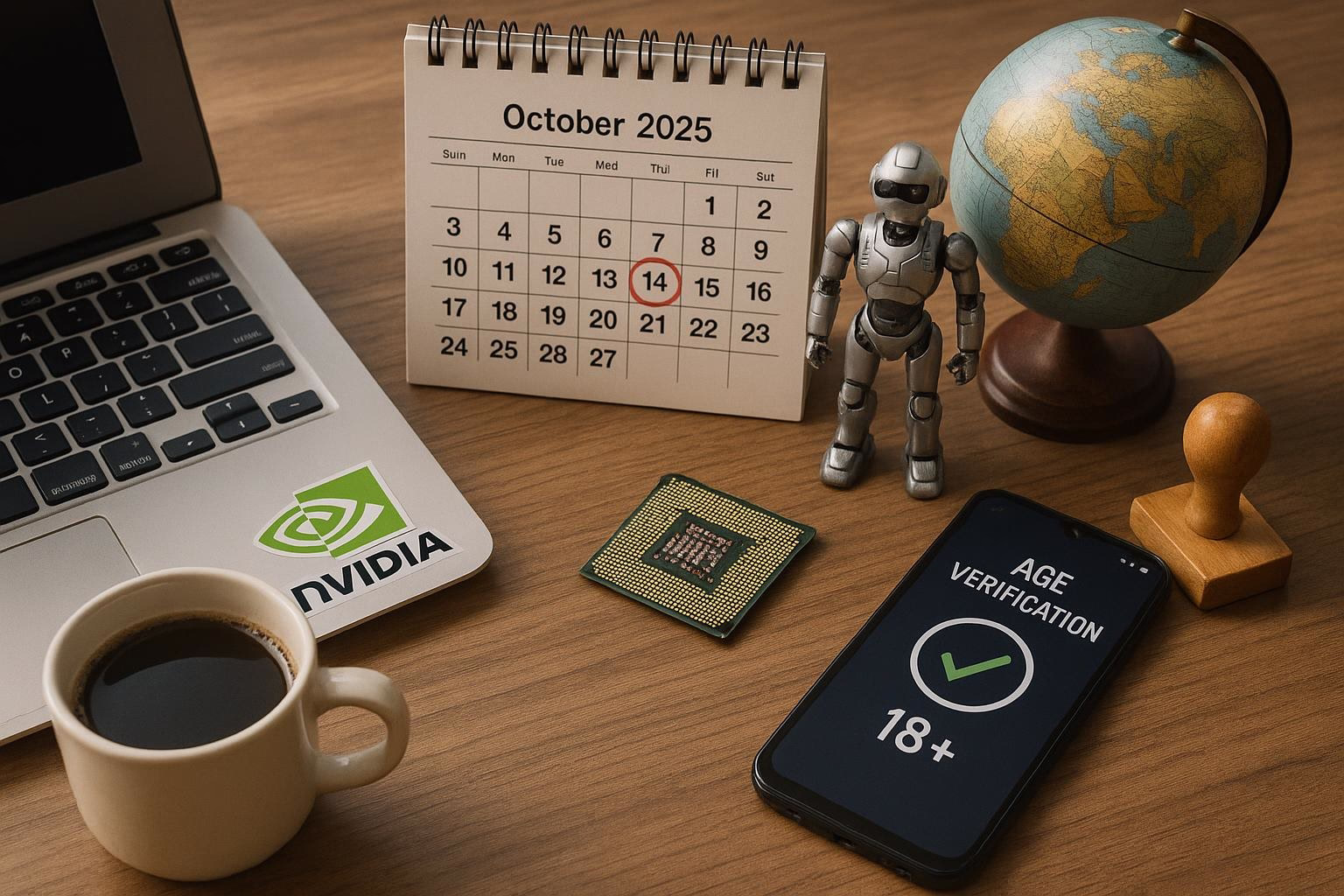 KDB Tech-Update 202507281507 Schreibtisch mit Kalender „October 2025“ (14. Oktober markiert), Miniroboter, Globus und Smartphone „Age Verification 18+“; Symbol für Technik und Prüfung.
