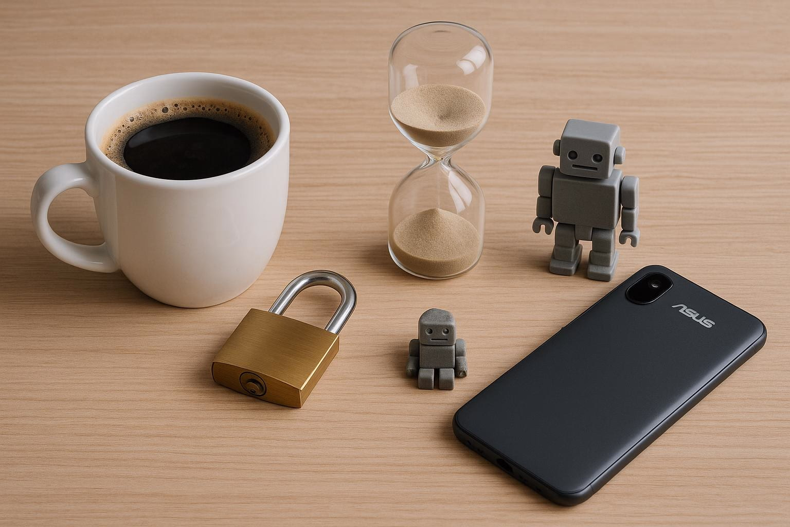 KDB Tech-Update 202507290504 Holztisch mit Kaffeetasse, Sanduhr, Roboterfigur, Smartphones und Vorhängeschloss: Symbol für Zeit, Technik und Sicherheit.