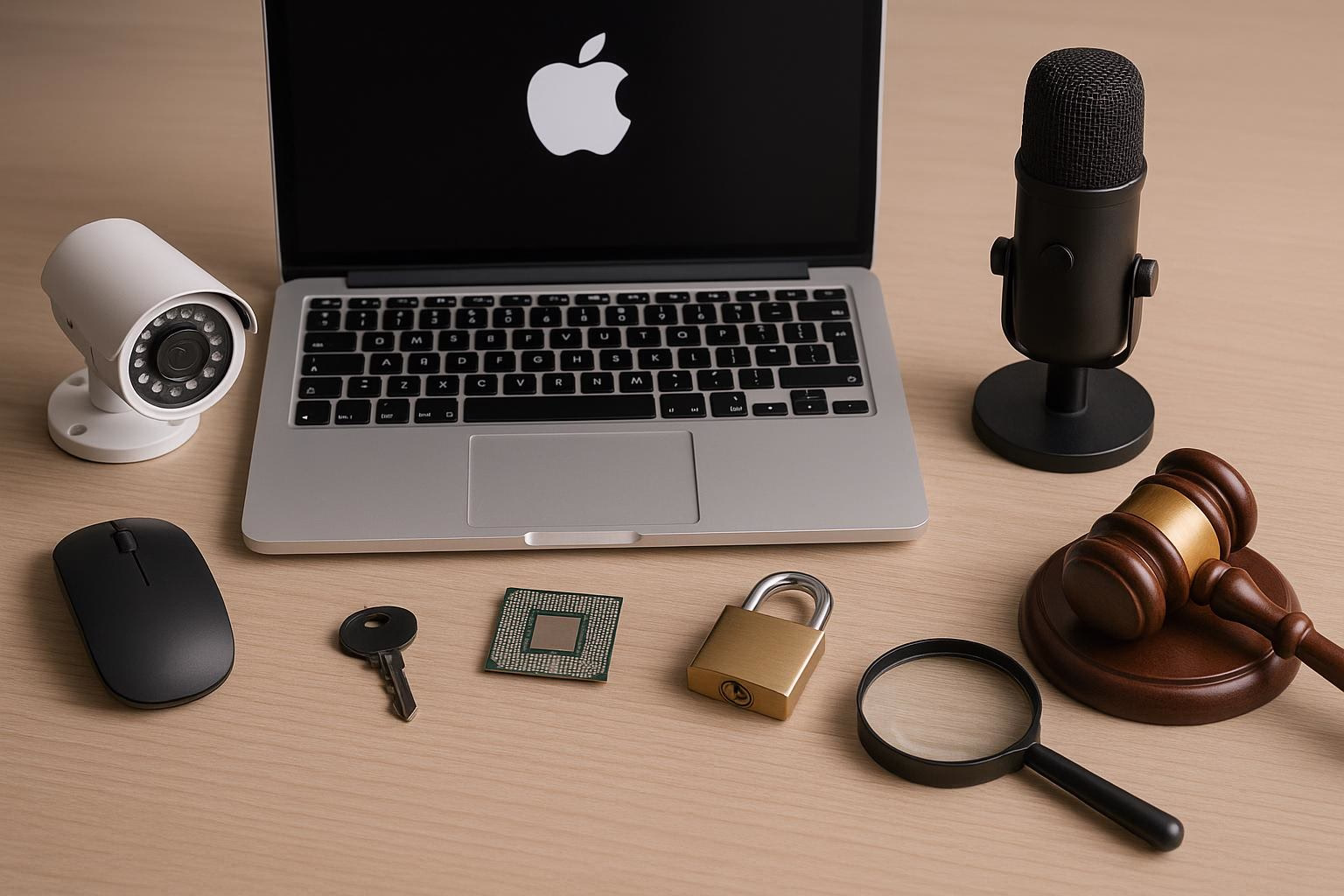 KDB Tech-Update 202507291507 Arbeitsplatz mit Laptop, Kamera, Mikrofon und Maus; daneben Chip, Vorhängeschloss mit Schlüssel, Lupe und Richterhammer zur Sicherheits- und Prüfungssymbolik.