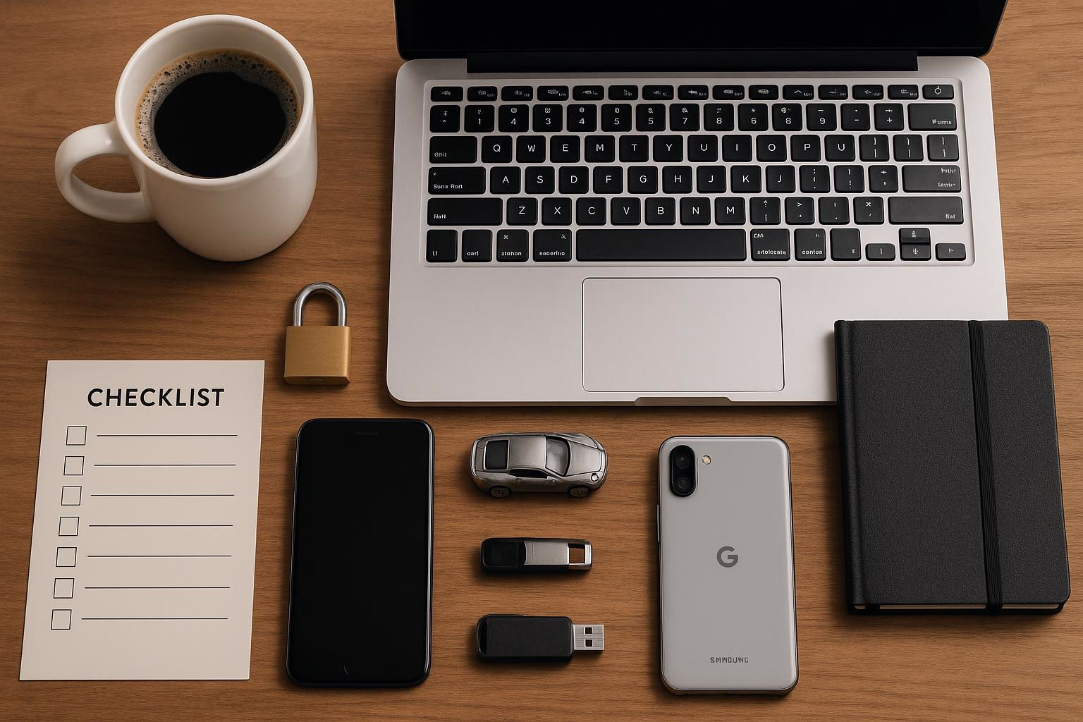 KDB Tech-Update 202507310506 Schreibtisch mit Laptop, Kaffeetasse, Checkliste, Smartphone und weiteren Geräten; dient der Planung und Arbeitsvorbereitung.