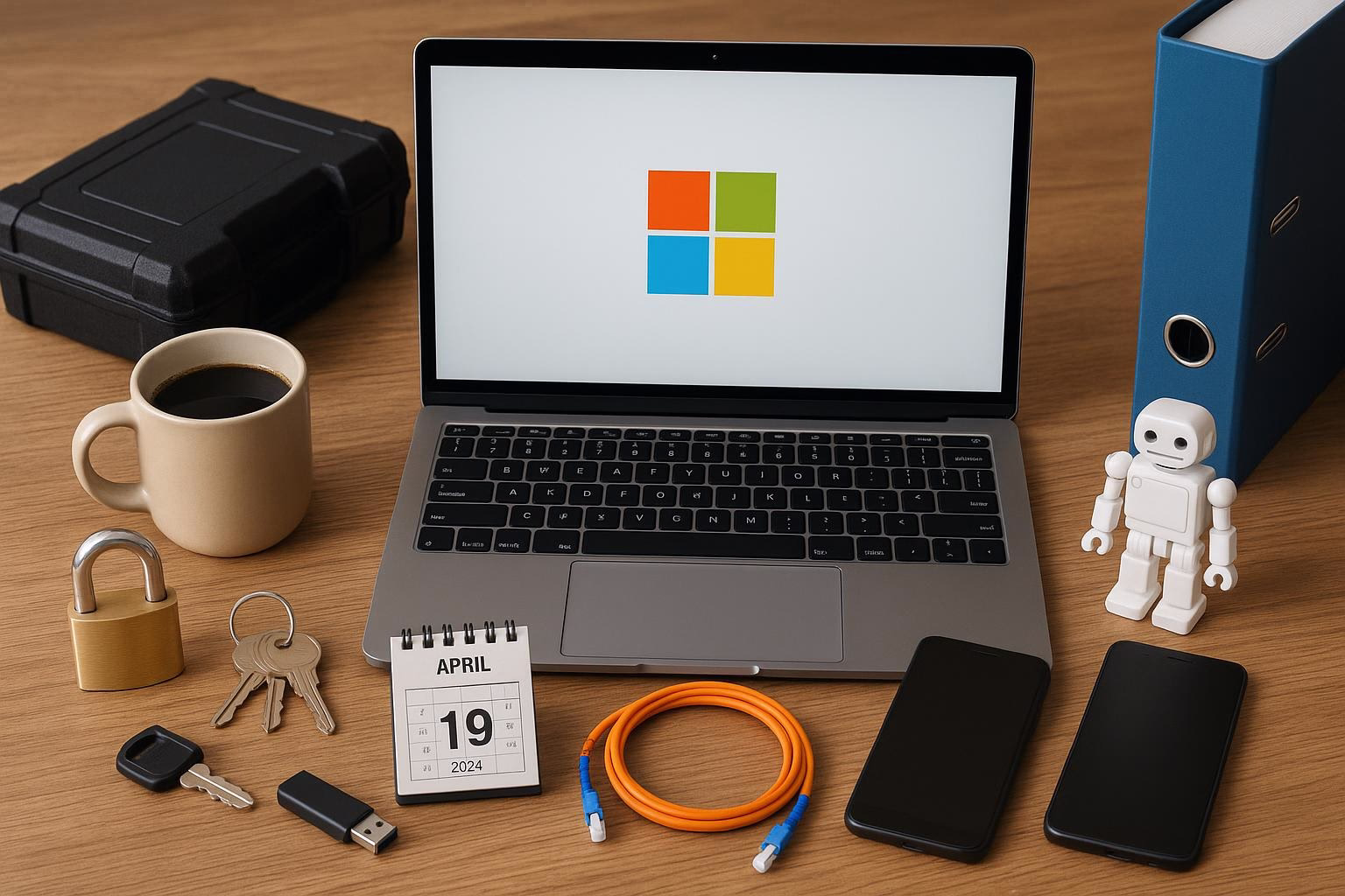KDB Tech-Update 202508010506 Schreibtisch mit Laptop, Kalender, Schlüsselbund und Vorhängeschloss; Smartphone, USB-Stick, Glasfaserkabel, Werkzeugbox und Roboterfigur für Technik- und Sicherheitsbezug.