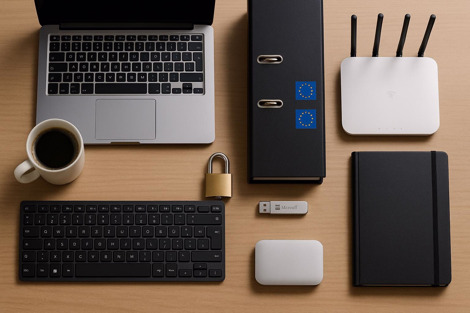 KDB Tech-Update 202508011505 Schreibtisch-Übersicht mit Laptop, Tastatur, Vorhängeschloss, USB-Stick, Router und Notizbuch; zeigt gesicherten Zugriff und Arbeitsumgebung.