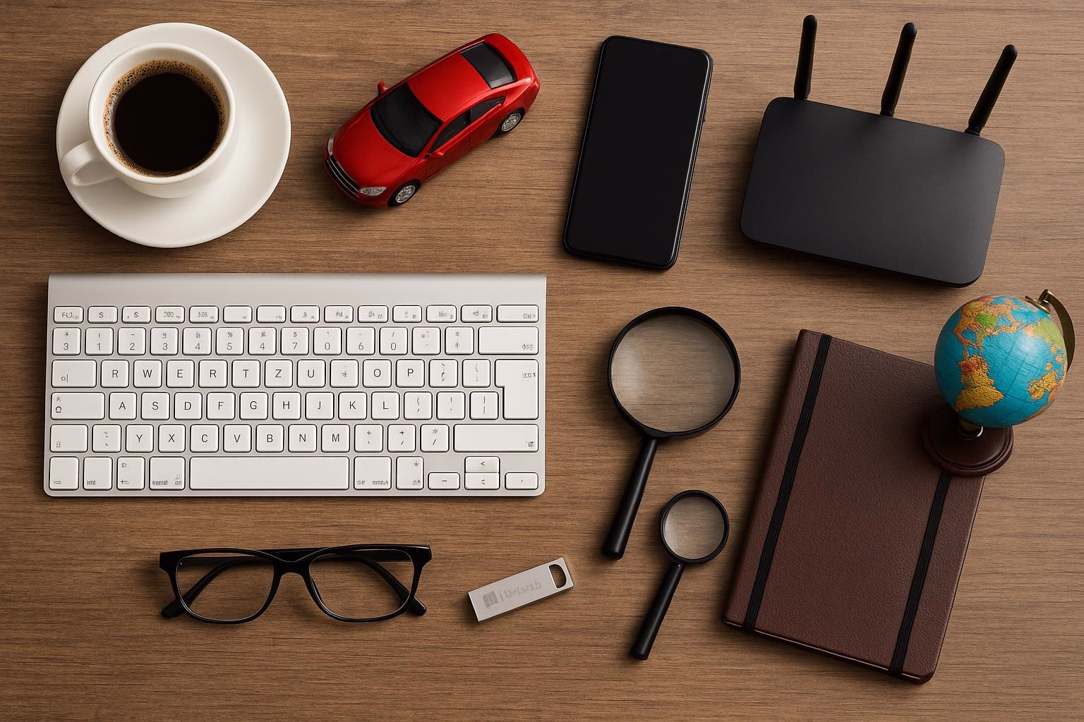 KDB Tech-Update 202508020503 Schreibtisch-Übersicht mit Kaffeetasse, Modellauto, Smartphone, Tastatur, Brille, Lupe, USB-Stick, Notizbuch, Globus und Router zur Tech-Planung.