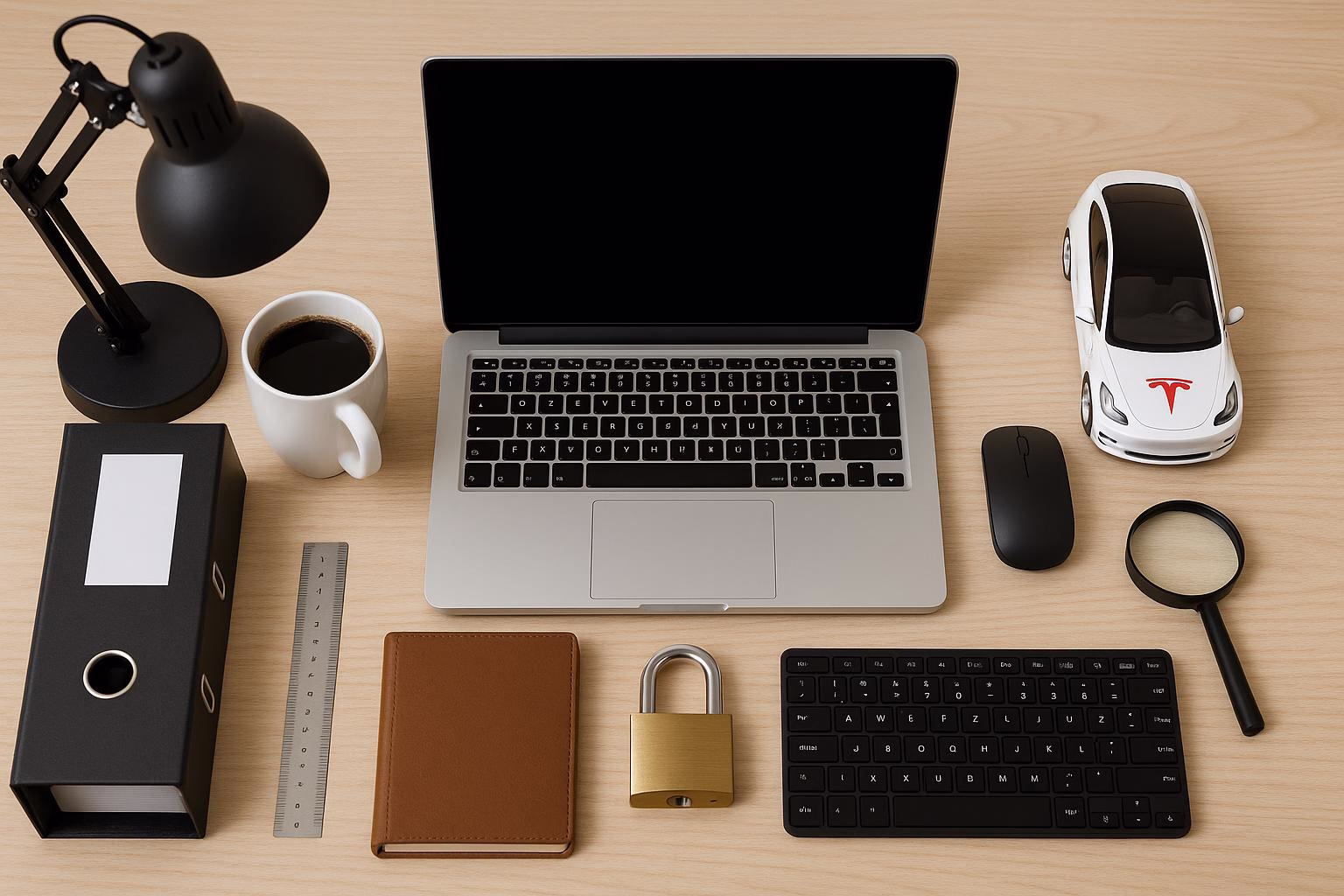 KDB Tech-Update 202508021502 Schreibtisch mit Laptop, Tastatur, Maus, Kaffeetasse, Lineal, Notizbuch und Lupe; daneben Vorhängeschloss und Modellauto, für Produktivität.