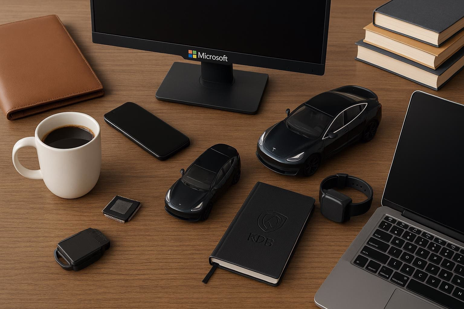 KDB Tech-Update 202508030504 Schreibtisch mit Monitor, Laptop und Smartphone; daneben Kaffeetasse, Notizbuch, Bücherstapel und Modellautos, um Arbeits- und Technik-Umfeld zu zeigen.