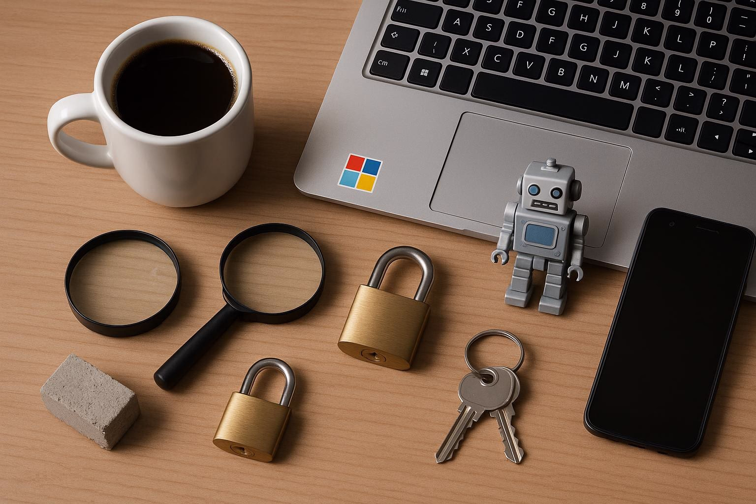 KDB Tech-Update 202508031503 Schreibtisch mit Laptop, Kaffeetasse und gesichertem Schlüsselbund: Vorhängeschloss und Schlüssel deuten auf Datenschutz und IT-Sicherheit hin.