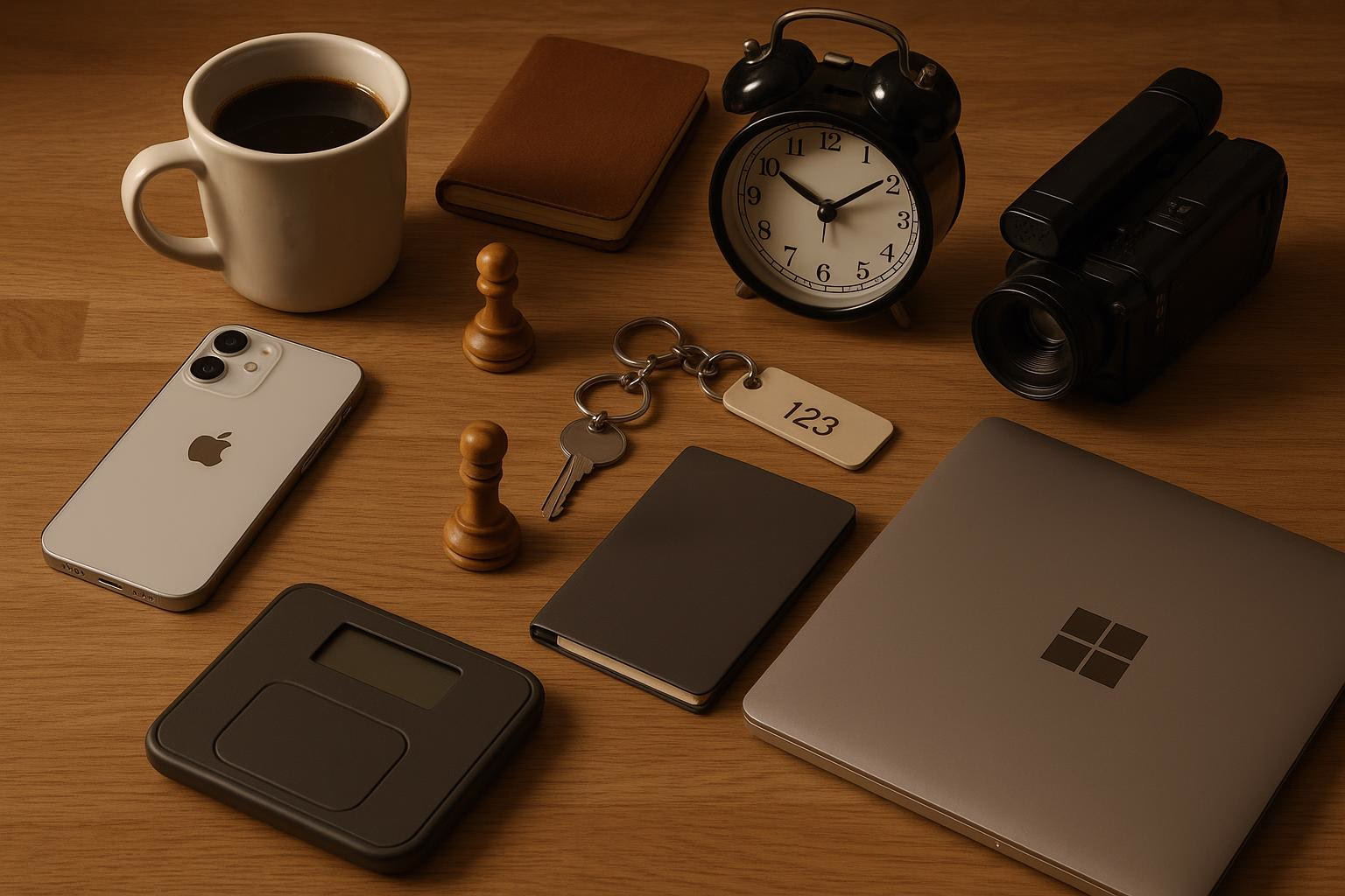 KDB Tech-Update 202508040506 Schreibtisch-Arrangements mit Kaffeetasse, Wecker, Laptop, Smartphone, Waage, Schachfigur und Hotelzimmerschlüssel zur Darstellung von Alltags-Technik.
