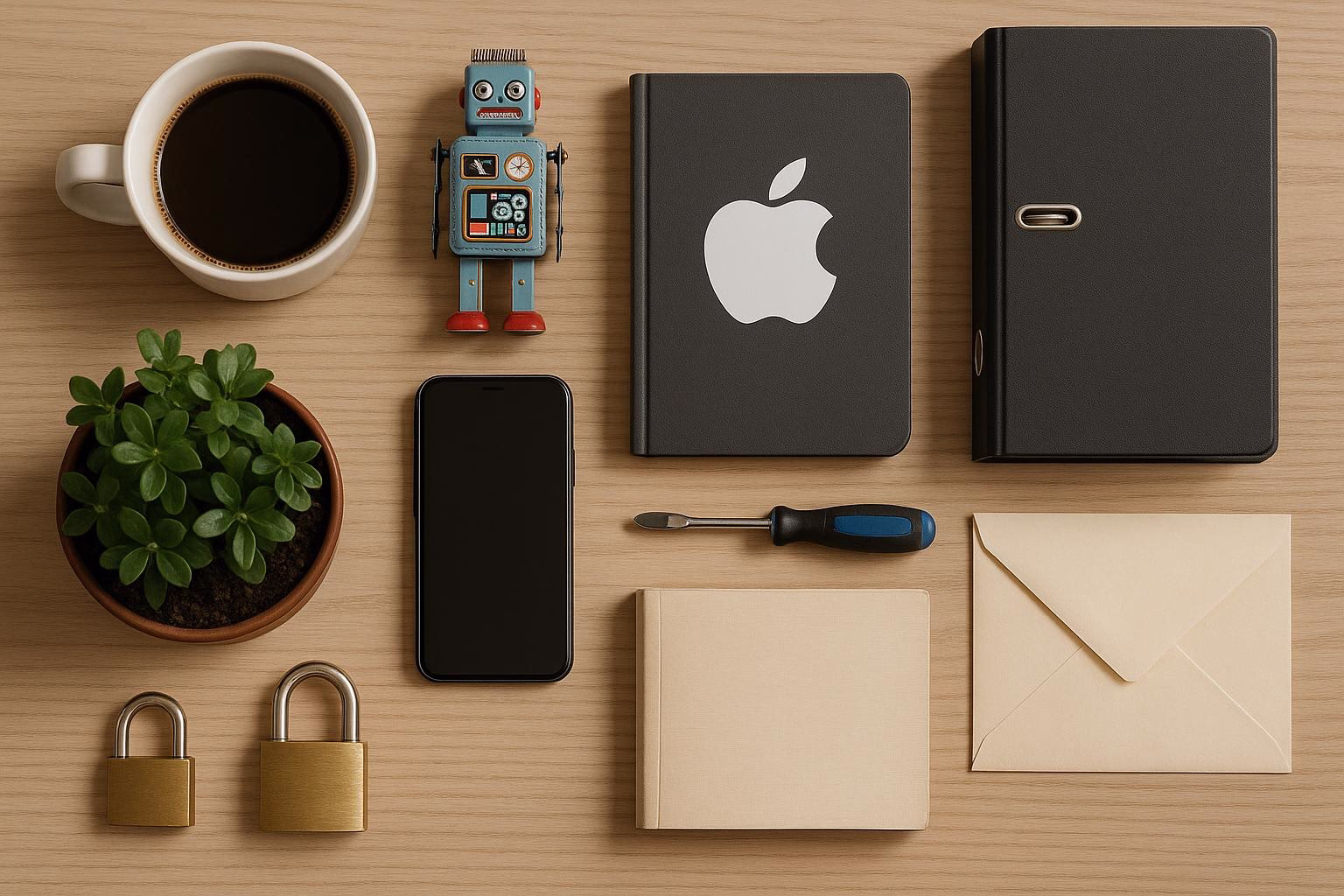 KDB Tech-Update 202508041501 Übersicht eines Schreibtischs: Kaffeetasse, Roboterfigur, Smartphone, Notizbücher mit Logo, Schloss, Schraubenzieher, Briefumschlag und Pflanze.