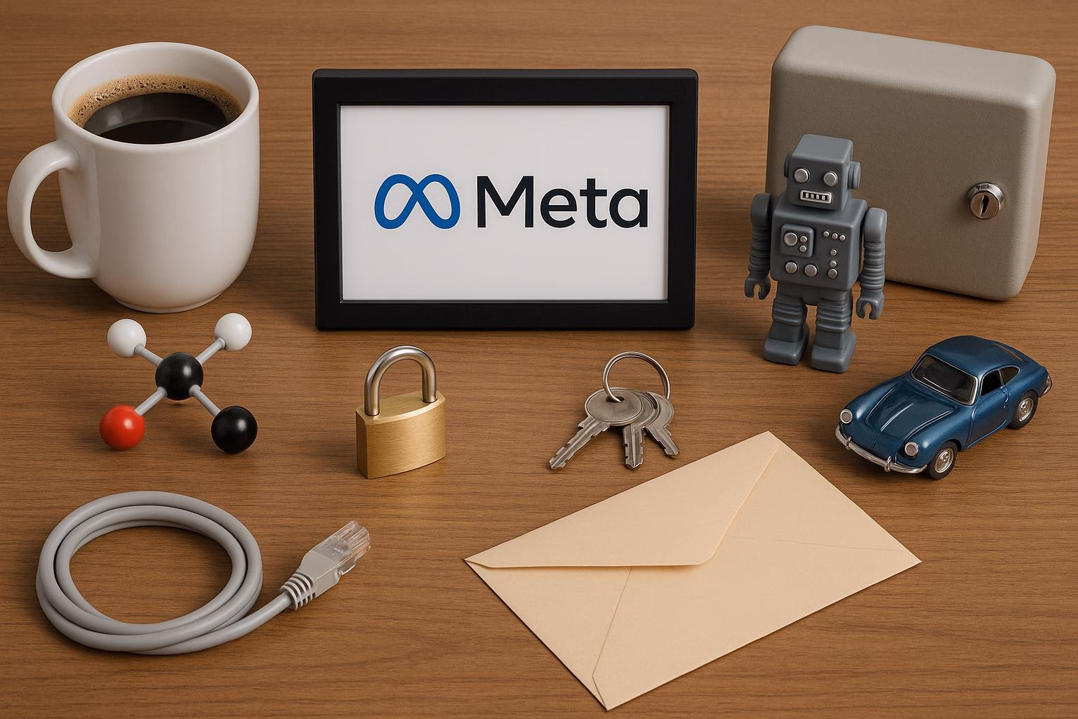 KDB Tech-Update 202508050504 Schreibtisch mit Kaffeetasse, Meta-Logo auf Bildschirm, Roboter, Vorhängeschloss und Schlüsselbund, Netzwerkkabel, Briefumschlag sowie Modellauto als Technik-Update.
