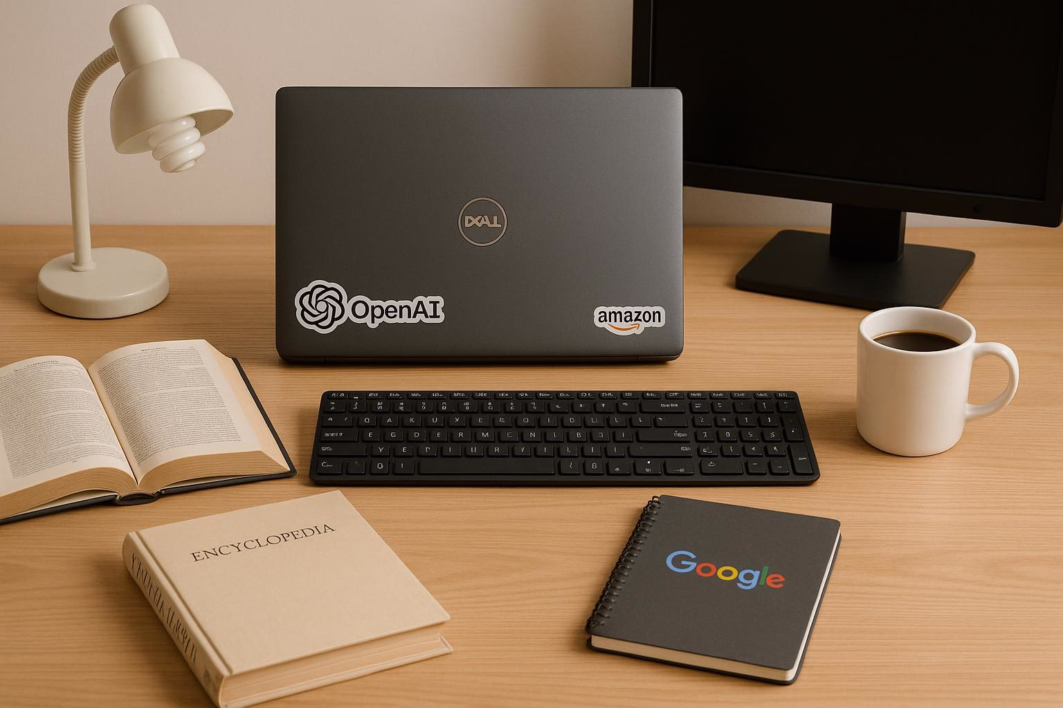 KDB Tech-Update 202508061503 Schreibtisch mit Laptop, Tastatur, Buch, Notizbuch und Kaffeetasse; Arbeitsumgebung mit aufgeklebten Logos zur schnellen Identifikation.