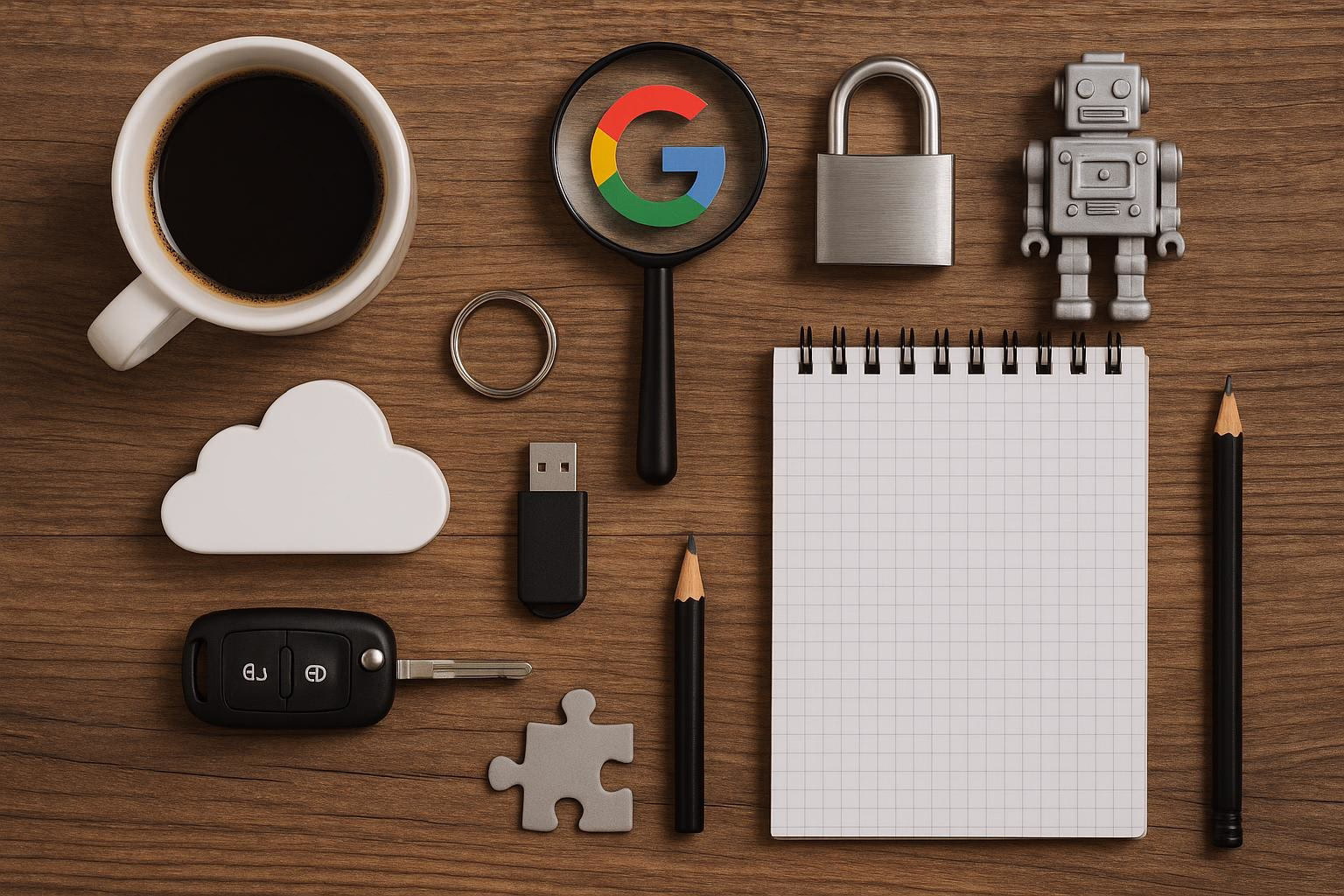 KDB Tech-Update 202508070503 Schreibtisch-Übersicht mit Kaffeetasse, Lupe, Schloss, Roboterfigur, USB-Stick, Notizblock und Bleistift als Technik-/Sicherheits- und Ideen-Set.
