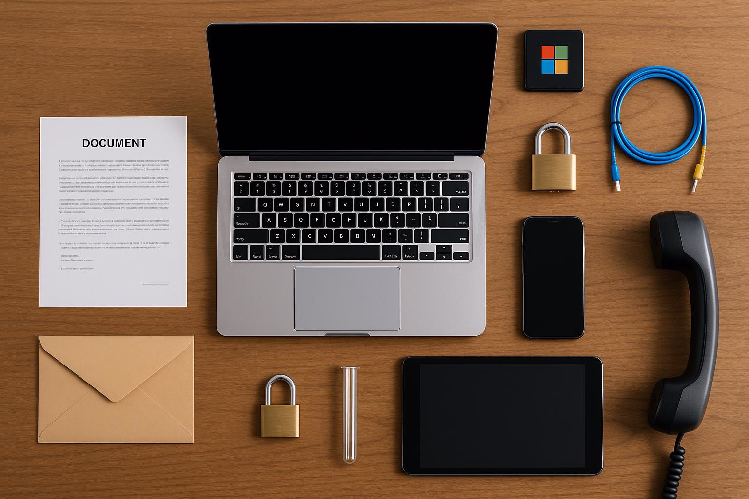 KDB Tech-Update 202508071502 Schreibtisch mit Laptop, Dokument und Umschlag; gesicherte Geräte per Schloss, dazu USB-Kabel, iPhone, Tablet, Telefonhörer und Maus.