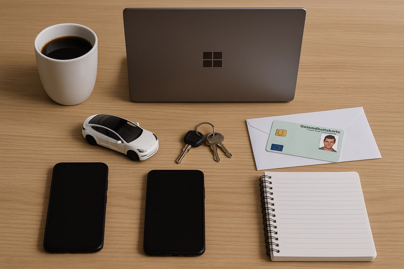 KDB Tech-Update 202508090504 Schreibtisch mit Laptop, Kaffeetasse, Smartphone, Miniaturauto, Schlüsselbund, Gesundheitskarte und Notizblock – für Arbeits- und Organisationszwecke.
