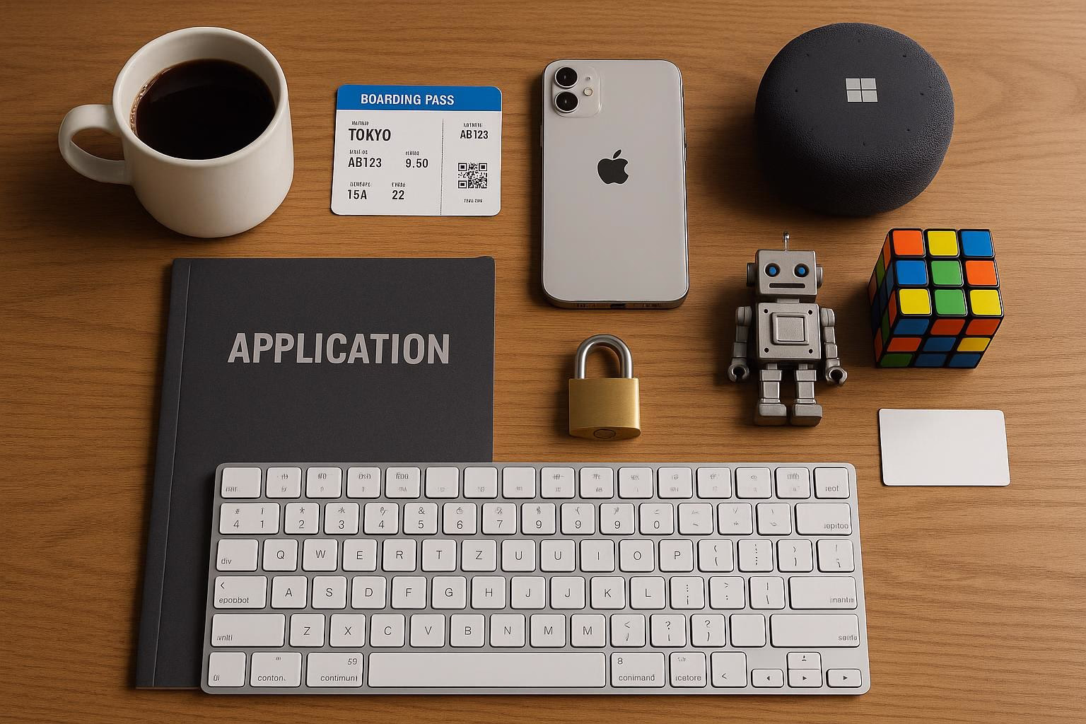 KDB Tech-Update 202508091504 Schreibtisch mit Kaffeetasse, Boarding-Pass, verschlossenem Bewerbungsordner, Smartphone, Roboterfigur und Rubik’s Cube; Arbeits- und Bewerbungs-Setup.