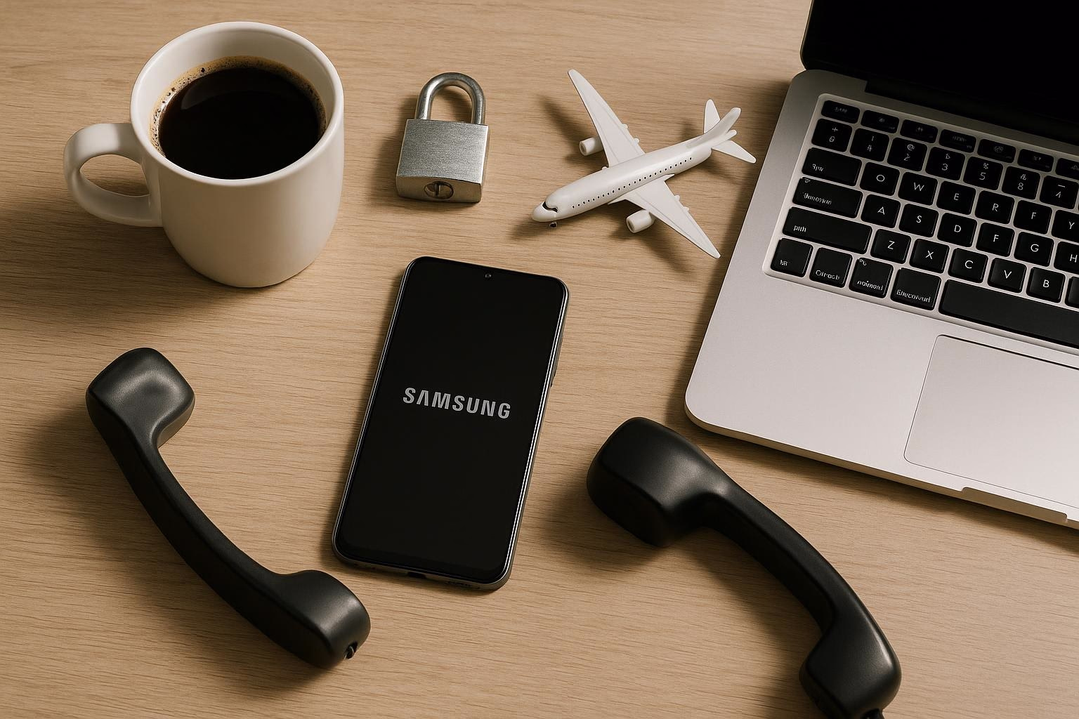 KDB Tech-Update 202508100506 Schreibtisch mit Kaffeetasse, Smartphone, Laptop, Schloss, Flugzeugmodell und Telefonhörer als technische Update-Übersicht.