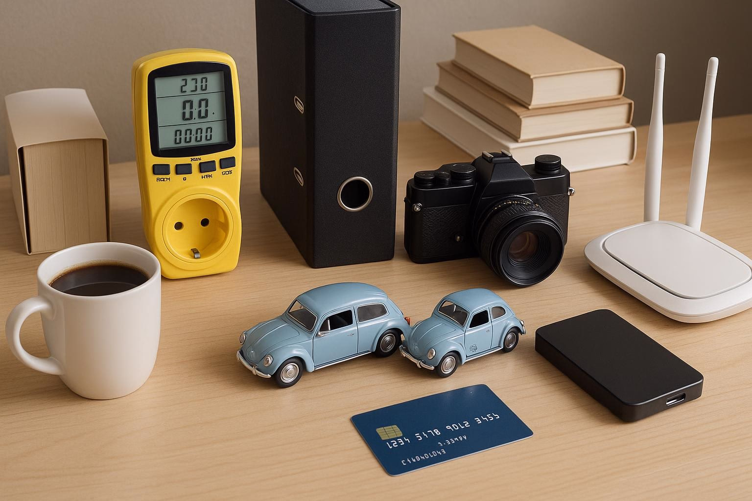 KDB Tech-Update 202508101505 Schreibtisch mit gelbem Messgerät, Netzbox, Kamera, Stapel Büchern, WLAN-Router, Kreditkarte, externer Festplatte, Spielzeugautos und Kaffeetasse.
