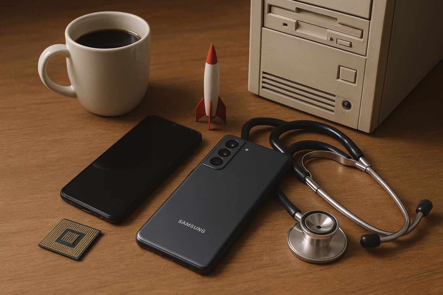 KDB Tech-Update 202508110506 Schreibtisch mit Kaffeetasse, Smartphone, Mikrochip und Mini-Rakete; daneben Stethoskop und alter PC-Tower für Technik-Update/Medizinsymbolik.