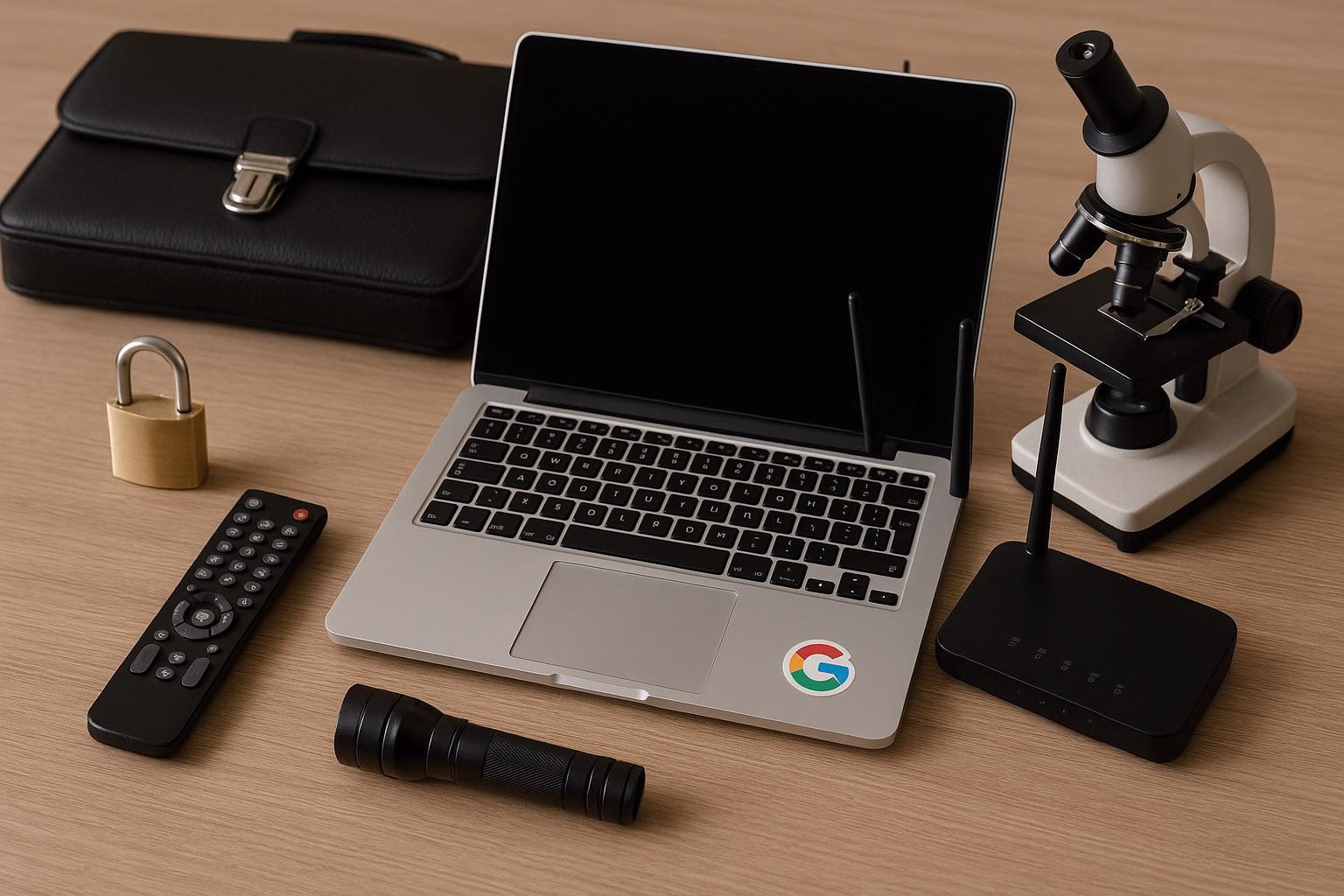 KDB Tech-Update 202508111502 Laptop auf Schreibtisch mit Fernbedienung, WLAN-Router, Taschenlampe und Mikroskop; demonstriert vernetzte Technik und Arbeitsausstattung.