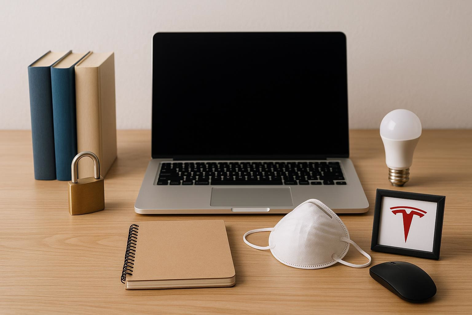KDB Tech-Update 202508120502 Schreibtisch mit Laptop, Bücherstapeln, Vorhängeschloss, Schutzmaske, Notizbuch, Computermaus, Smart-Lampe und gerahmtem Logoausdruck als Akzent.