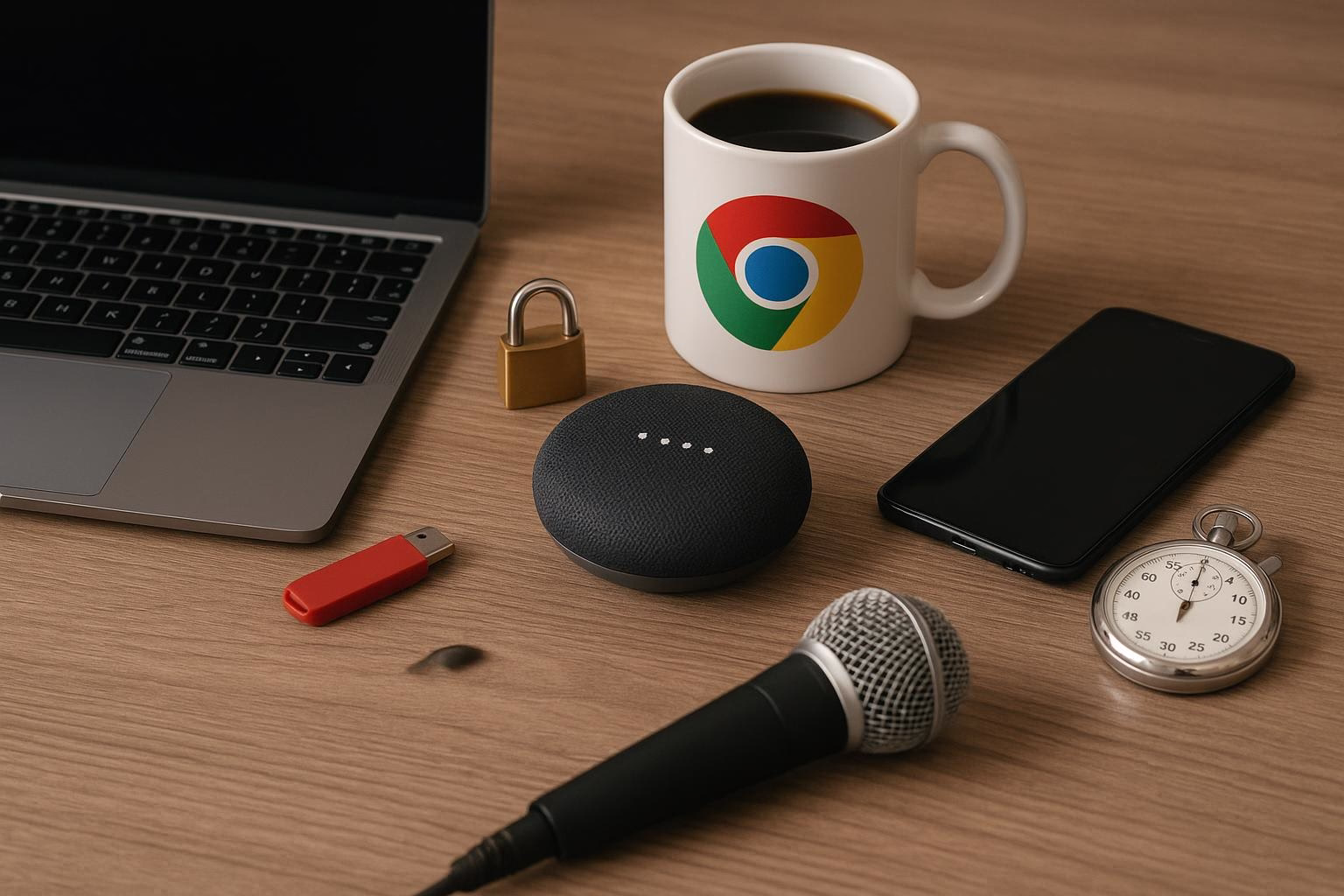 KDB Tech-Update 202508131504 Schreibtisch mit Laptop, Smartphone, Smart Speaker, Mikrofon, rotem USB-Stick, Schloss, Kaffeetasse und Stoppuhr zur Darstellung von Technik und Zeitmanagement