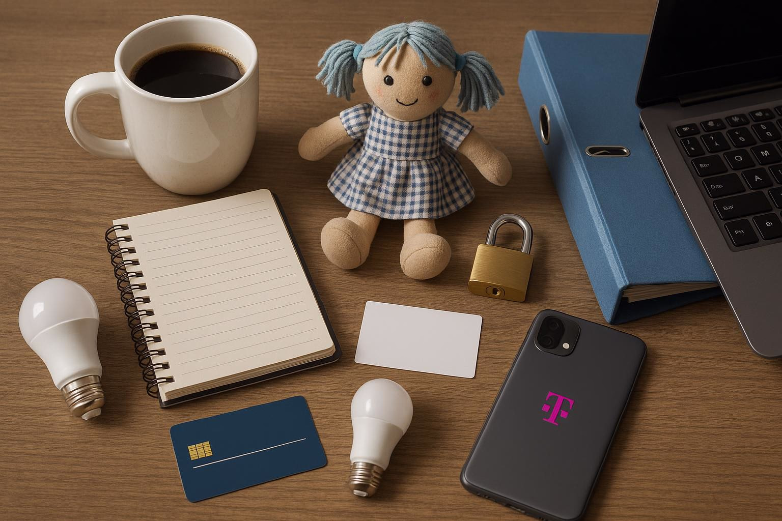 KDB Tech-Update 202508150504 Schreibtisch mit Kaffeetasse, Notizbuch, Spielzeugpuppe, Laptop, Smartphone, Bankkarte und Vorhängeschloss; Symbol für Büroarbeit und IT-Sicherheit.