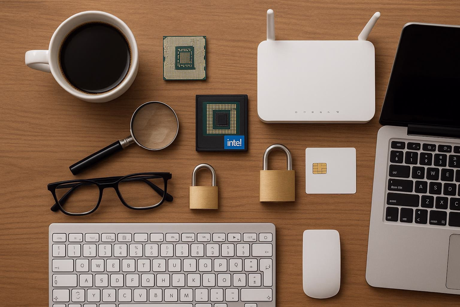 KDB Tech-Update 202508151503 Schreibtisch mit Mikrochip, Router, Laptop, Smartcard, verschlossenen Speichermedien und Lupe; symbolisiert IT-Sicherheit und Hardware-Überprüfung.