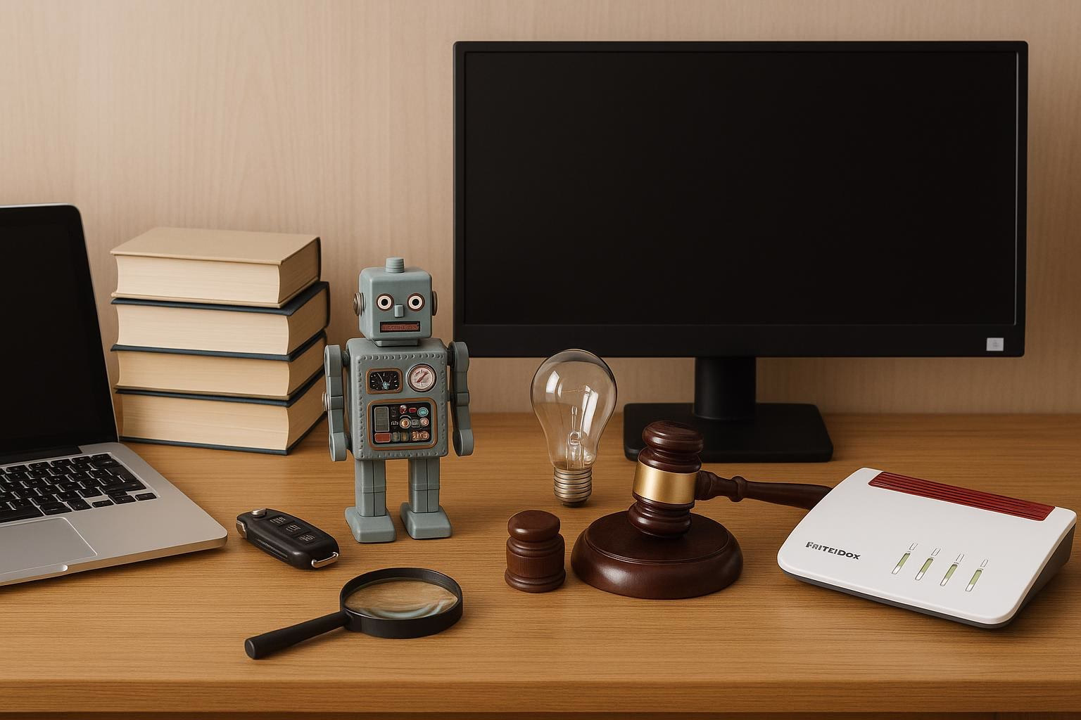 KDB Tech-Update 202508161504 Schreibtisch mit Laptop, Monitor, Roboterfigur, Bücherstapel, Glühbirne, Richterhammer und Lupe sowie Router- und Autoschlüsseln zur Themenveranschaulichung.