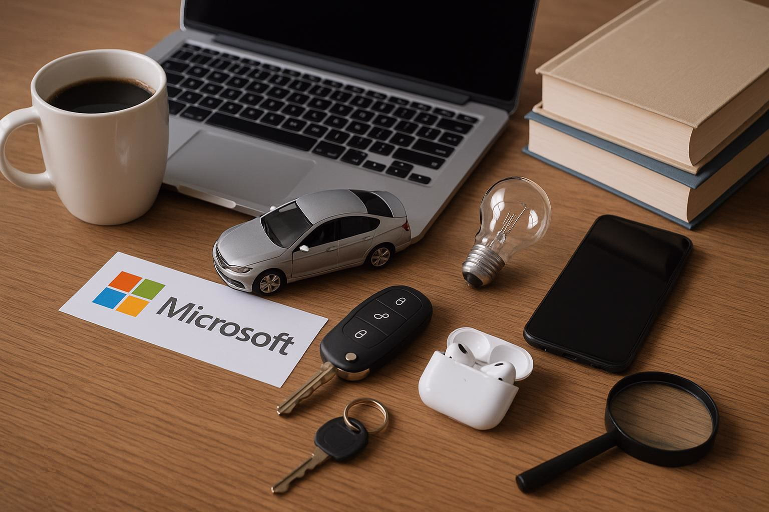 KDB Tech-Update 202508170504 Schreibtisch mit Laptop, Tasse, Modellauto, Autoschlüssel, Smartphone und Zubehör; Unterlagen und Lupe deuten auf Planung und Technikcheck hin.