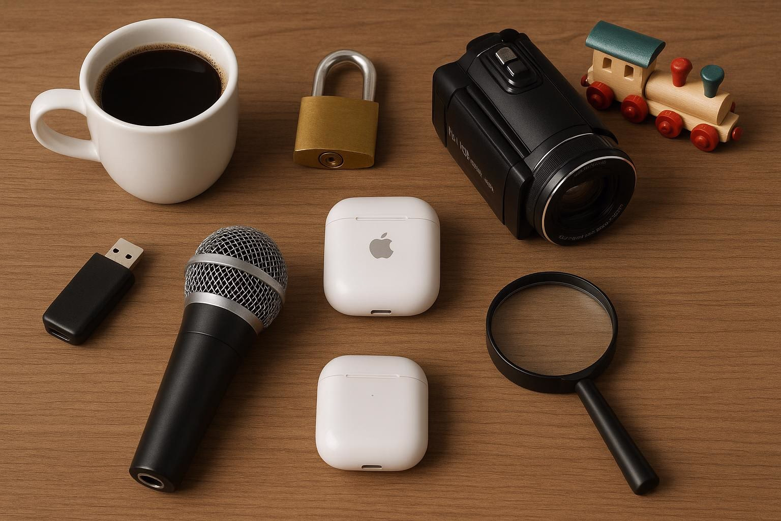 KDB Tech-Update 202508171502 Schreibtisch-Übersicht: Kaffeetasse, Vorhängeschloss, USB-Stick, Videokamera, Mikrofon, Lupe und Kopfhörerhülle für Technik-Update.
