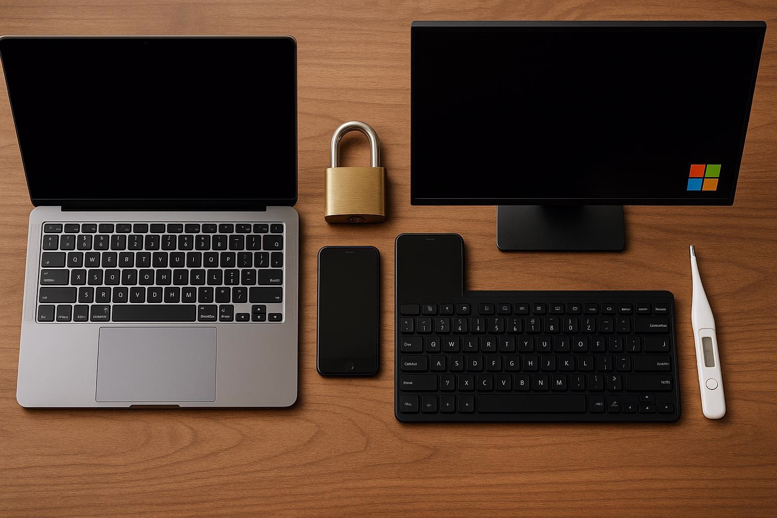 KDB Tech-Update 202508181506 Schreibtisch-Setup mit Laptop, Monitor, Tastaturen, Smartphones und Thermometer; Schloss als Symbol für Geräteschutz und Datensicherheit.