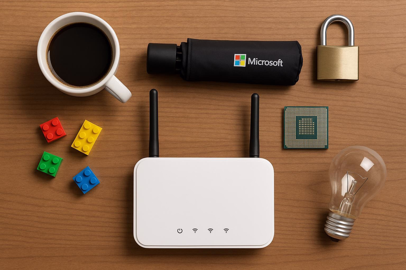 KDB Tech-Update 202508190503 Übersicht auf dem Schreibtisch: Kaffeetasse, WLAN-Router, CPU-Chip, Glühbirne, Regenschirm-Sticker und Spielbausteine, mit Vorhängeschloss als Symbol für Sicherheit.