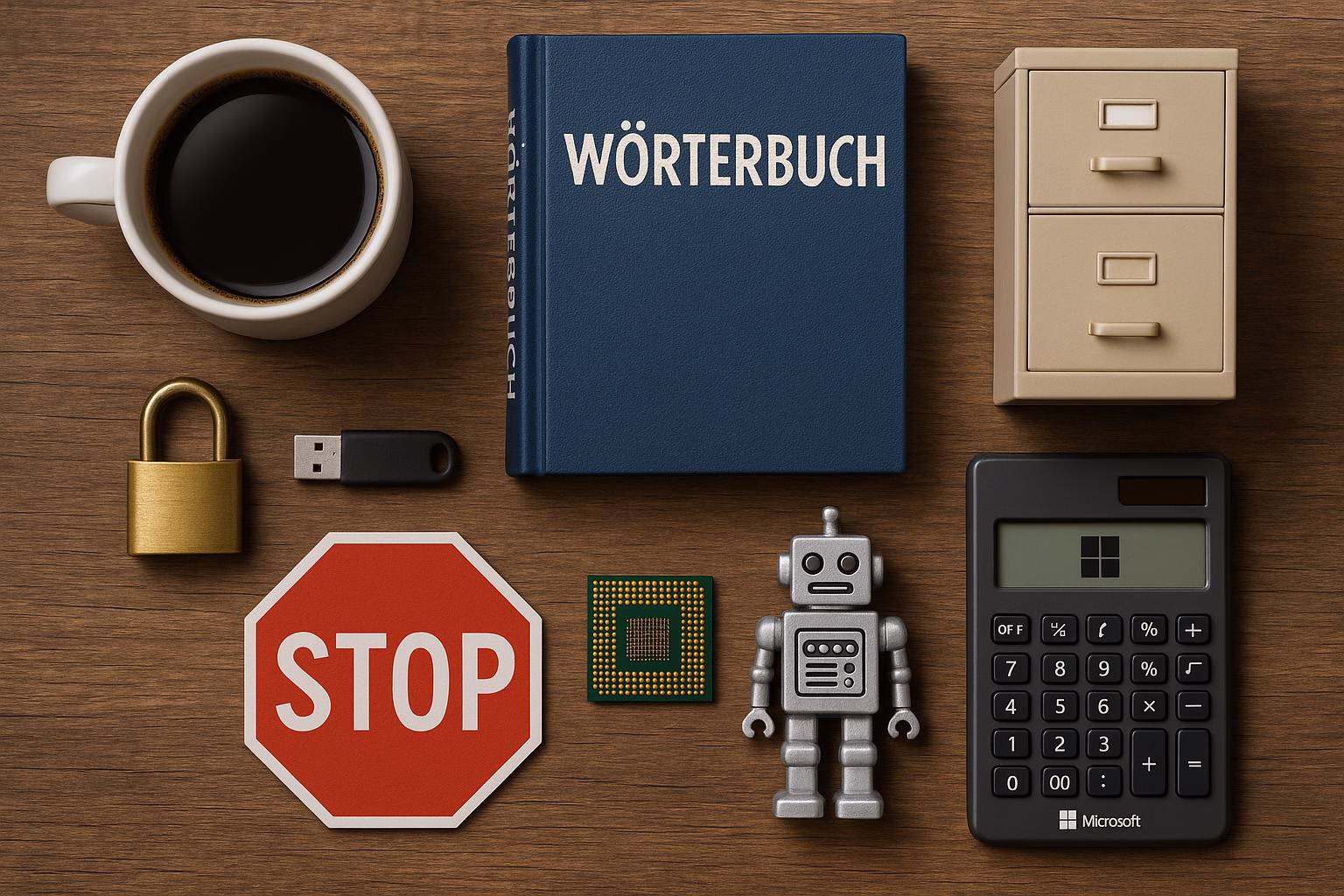 KDB Tech-Update 202508191502 Schreibtisch-Layout: Wörtebuch, Kaffeetasse, USB-Stick, Vorhängeschloss, Stopp-Schild, Roboterfigur, Computerchip, Taschenrechner und Aktenschrank.
