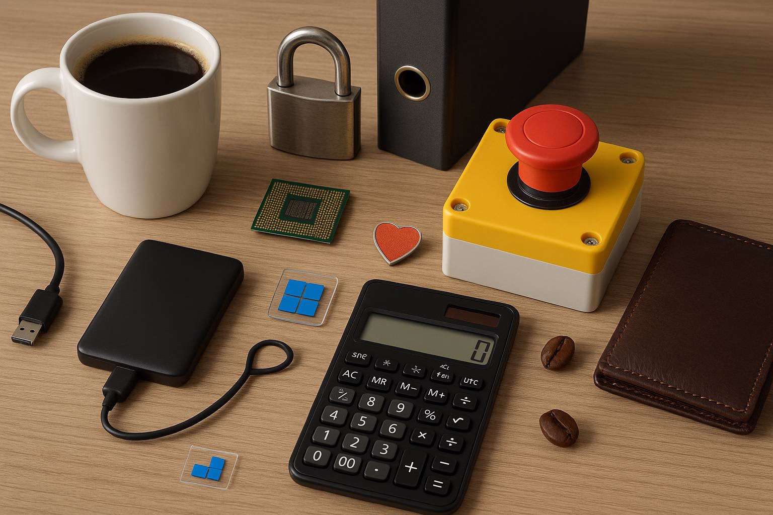 KDB Tech-Update 202508200506 Schreibtisch mit Kaffeetasse, Vorhängeschloss, Rechner, externer Festplatte, Mikrochip und Not-Aus-Schalter; zeigt Technik- und Sicherheitskonzept.