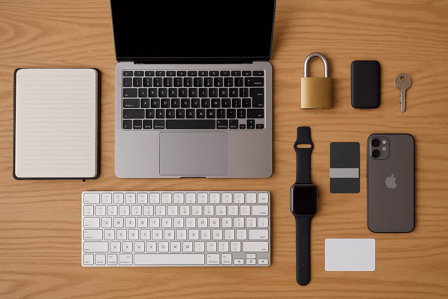 KDB Tech-Update 202508210504 Übersicht über Arbeitsplatz-Equipment: geöffnetes Laptop, Tastatur, Notizbuch, Schloss und Schlüssel, externe SSD, Smartphone, Smartwatch sowie Karten und Speicherstick.