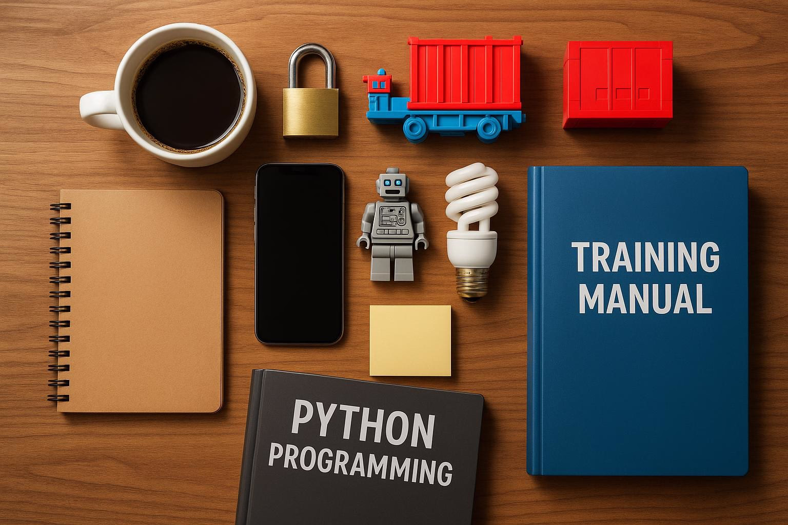 KDB Tech-Update 202508211503 Schreibtisch-Übersicht: Kaffeetasse, Smartphone, Roboterfigur, Notizblöcke, „Python Programming“-Buch und „Training Manual“; Themenmaterial für Lernen/Technik.