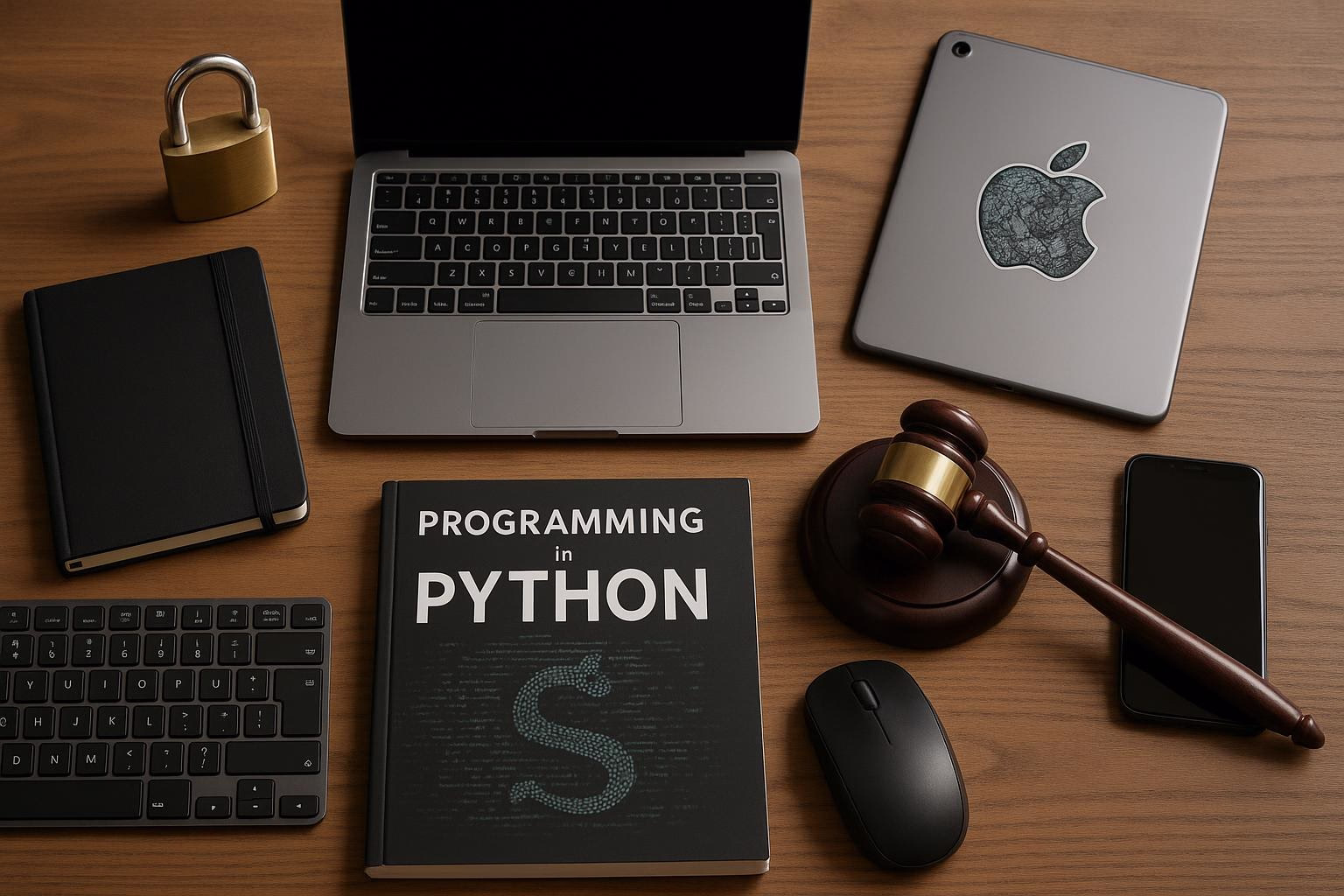 KDB Tech-Update 202508221503 Schreibtisch-Setup mit Laptop, Tablet mit Aufkleber, gesperrtem Vorhängeschloss, Python-Programmierbuch, Maus, Smartphone und Richterhammer als Rechts-IT-Thema.