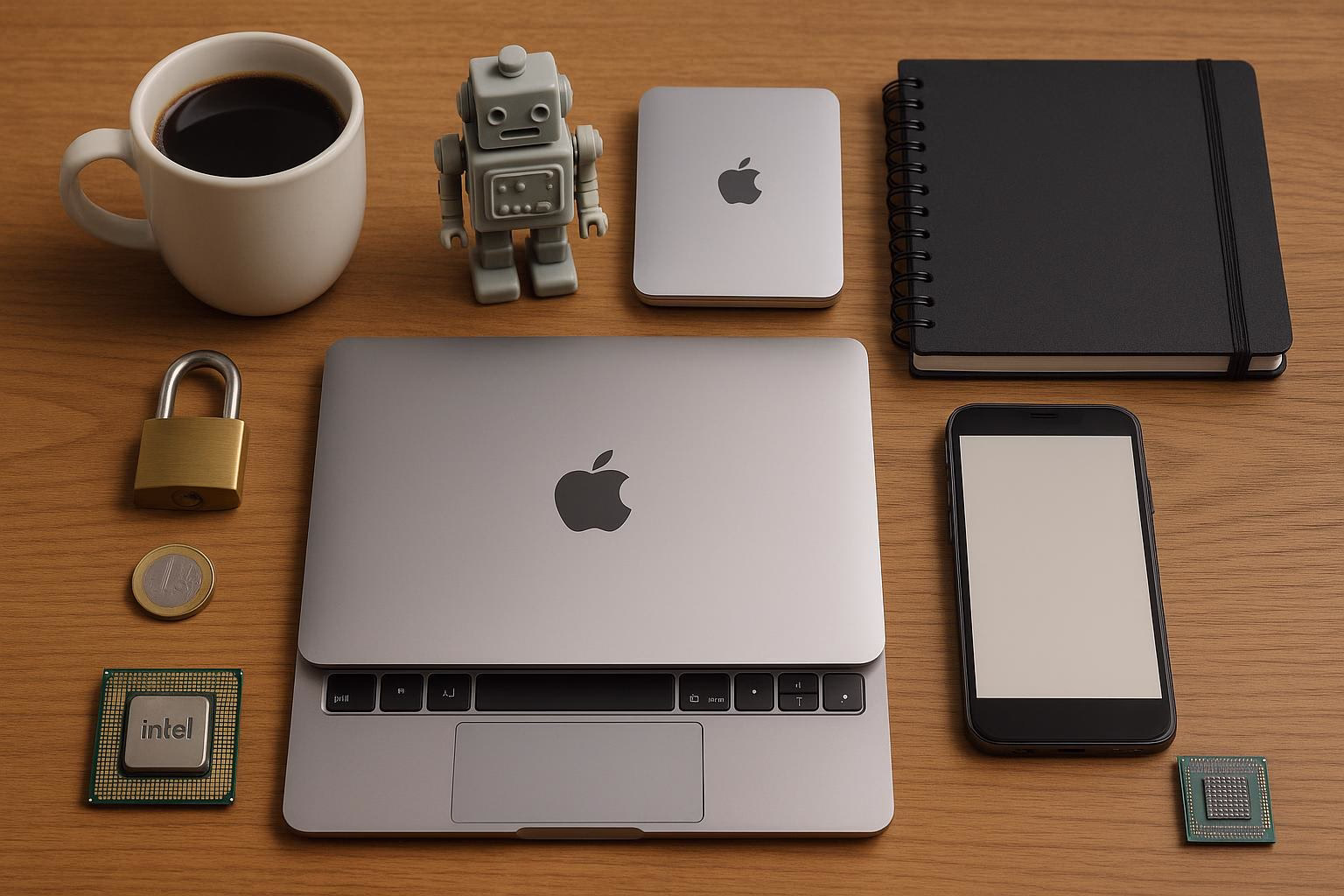 KDB Tech-Update 202508230503 Schreibtisch-Arrangement mit Kaffeetasse, Roboterfigur, Laptop, Notizbuch, Smartphone und Münzen, ergänzt durch Schloss und Mikroprozessoren als Sicherheits- und Technikmotiv.