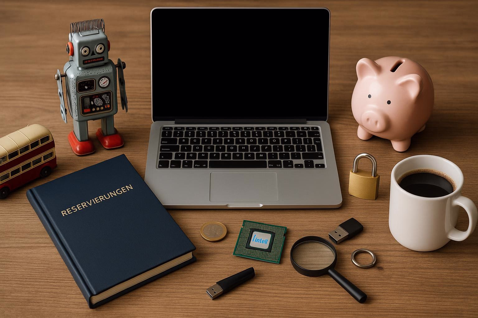 KDB Tech-Update 202508231505 Laptop auf einem Schreibtisch mit Roboterfigur, Sparschwein, Verschlussvorhängeschloss, Münzen und Lupe neben USB-Sticks und Mikrochip.