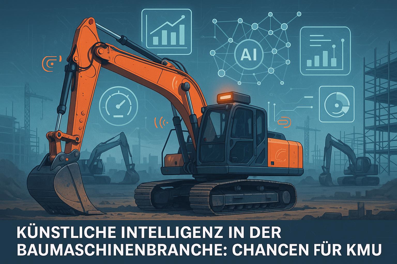 bild-ki-recherche-2 Orangefarbener Bagger auf Baustelle mit KI-Symbolen und Diagrammen im Hintergrund als Visualisierung intelligenter Bauanwendungen.